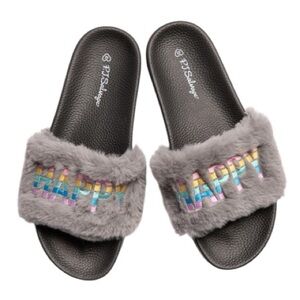 PJ Salvage Fuzzy Feet Slippers Happy Black Slides with Gray Fur NWT